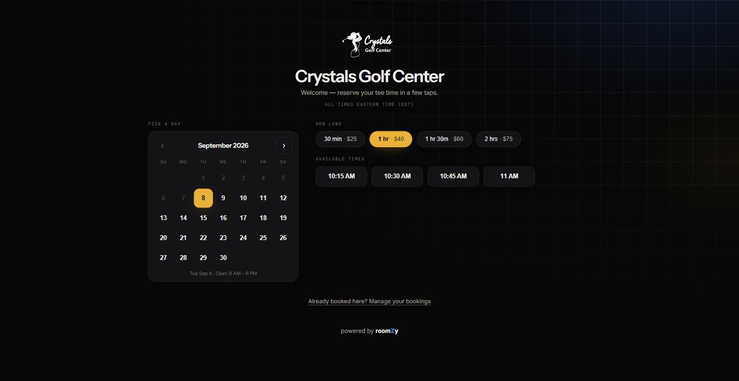The roomZy booking page: a month calendar on the left, length and available-time chips on the right.