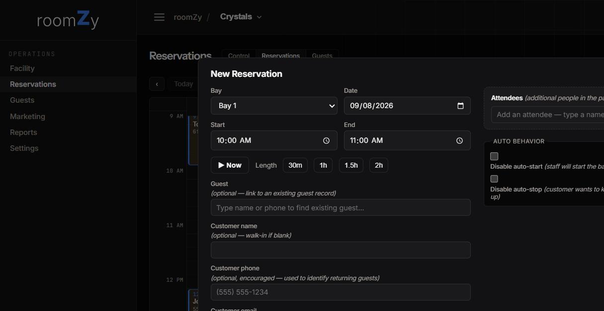 The New Reservation form: bay, date, start/end, length chips, guest lookup, customer name/phone, and auto-behavior toggles.