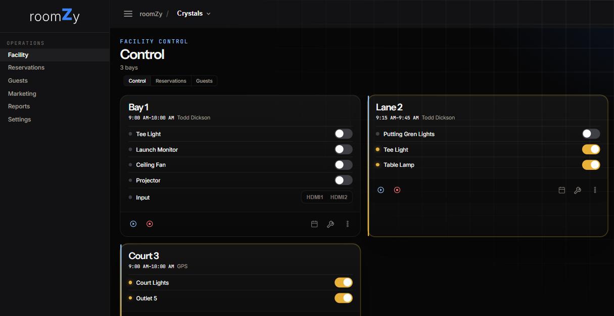 The Facility control screen: bay cards with equipment toggles and start/stop controls; a running bay is outlined in gold.