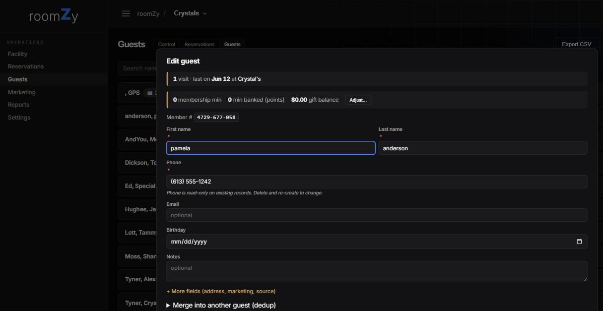 The Edit guest panel: visit history, balances (membership / points / gift), member number, name, phone, email, birthday, notes, and a merge option.