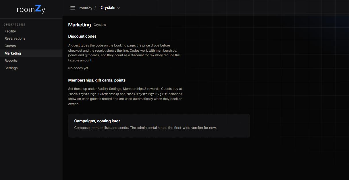 The Marketing screen: discount codes section, a note on memberships/gift cards/points, and a campaigns-coming-later card.