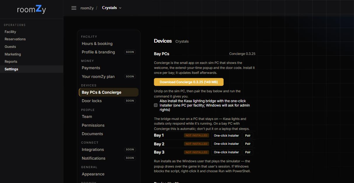 Settings → Concierge, Bay PCs card: download button and each bay with a status, One-click installer, and Pair button.