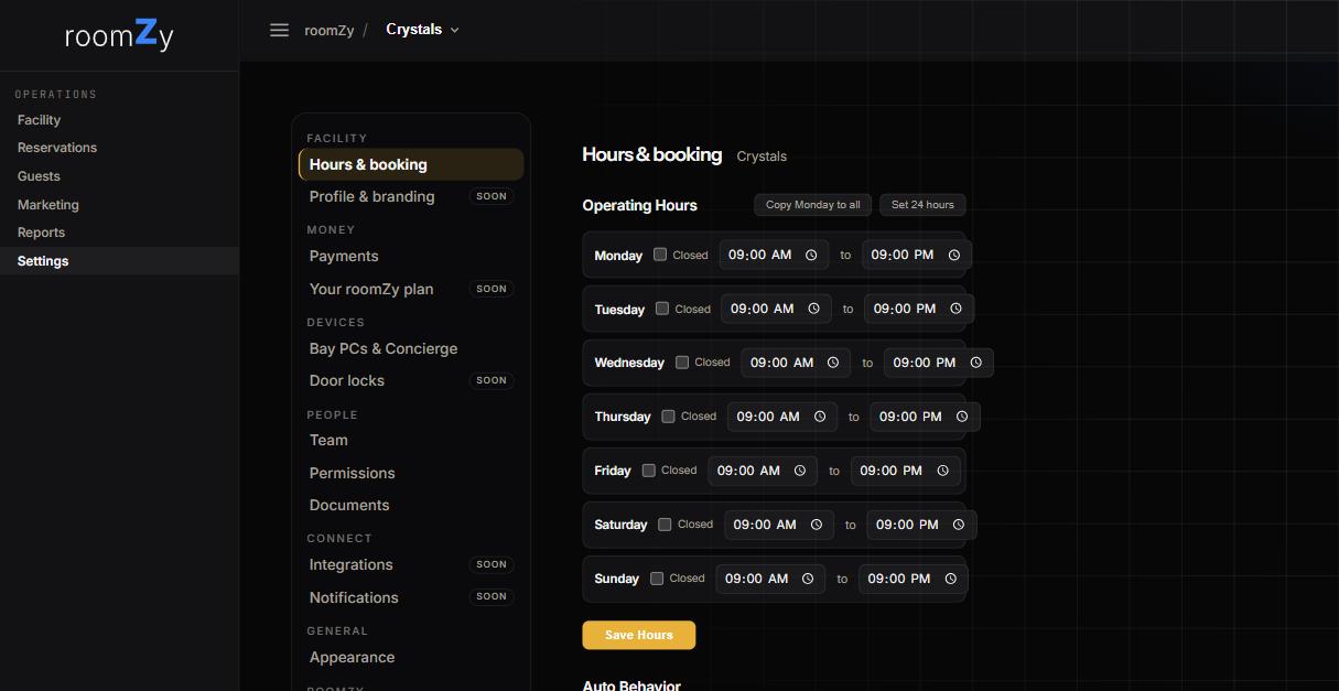 The Settings screen with its grouped left menu (Facility, Money, Devices, People) and the hours editor.
