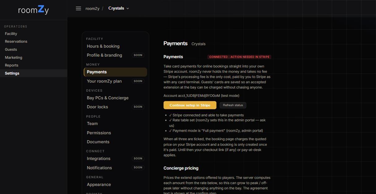 Settings → Payments: the Stripe account card with its status chip and setup button, and the How guests pay summary.