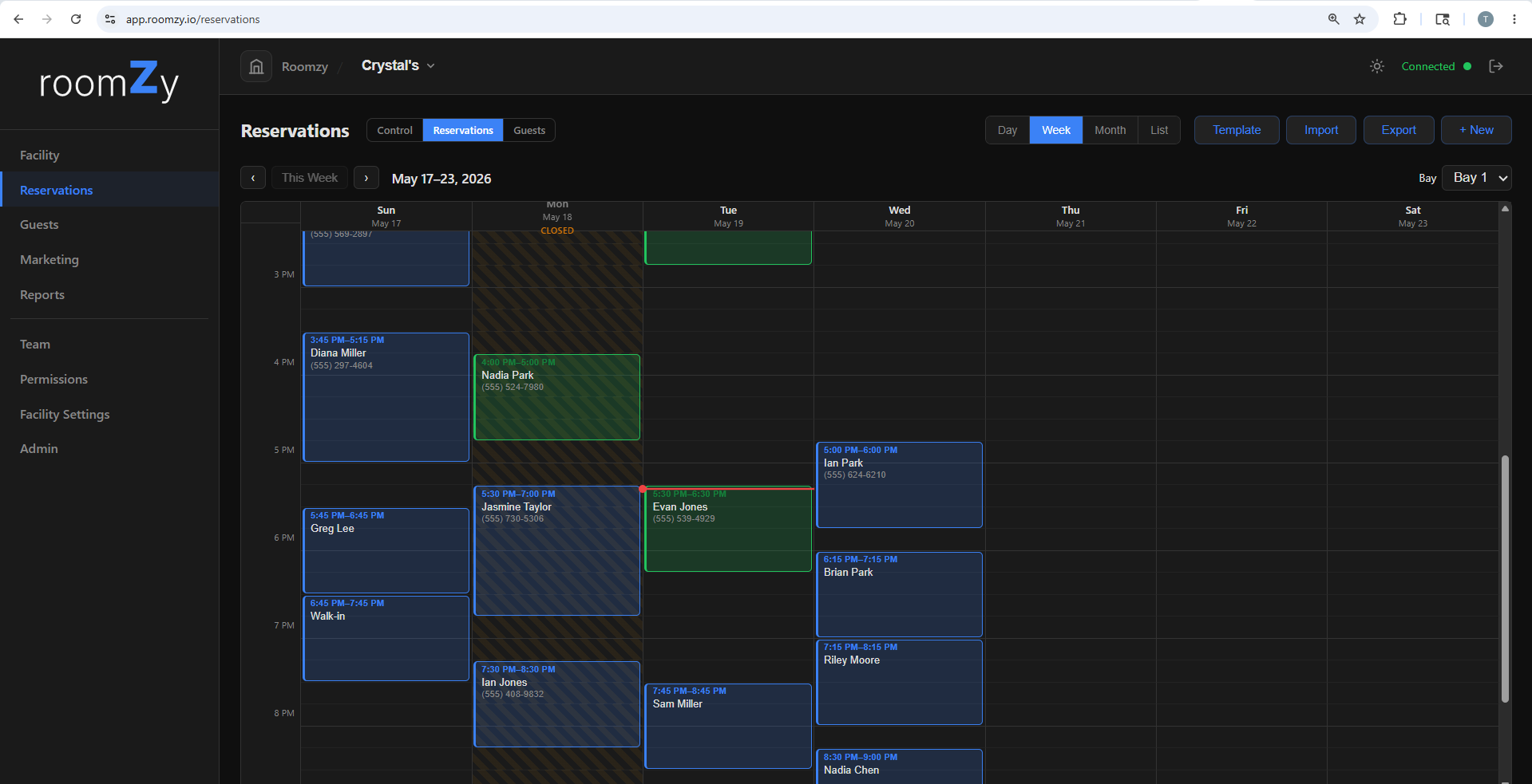 Weekly reservations calendar